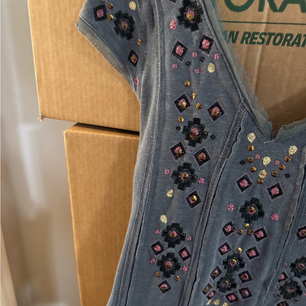 Free people Embroidered Gray Dress with gold accents